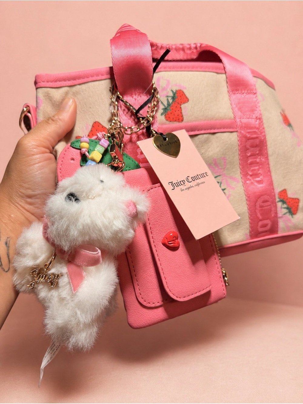 Juicy Couture Pink Strawberry Canvas Tote with Plush Bear Keychain
